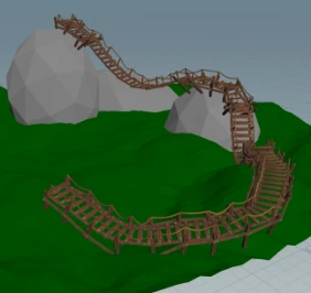 A curved bridge model between rock formations