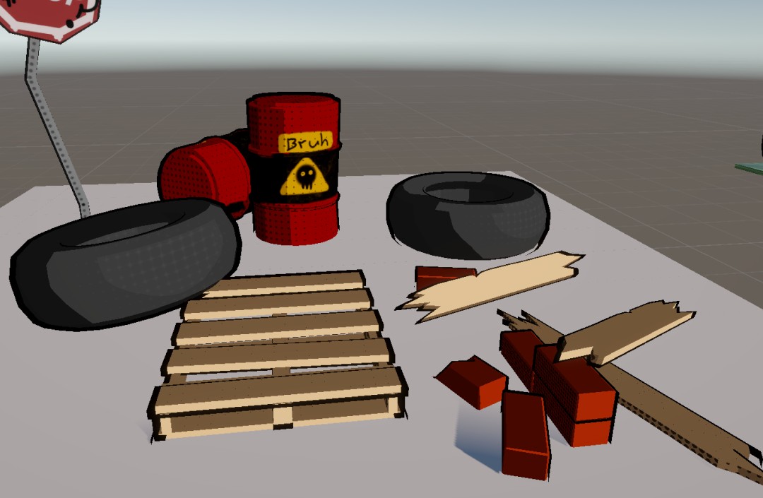 A stylized prop scene with bold black outlines and patterned shading